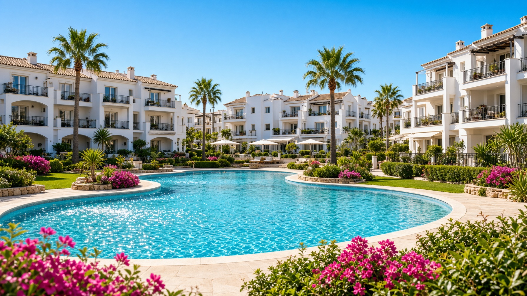 Costa Blanca urbanisation with shared swimming pool and apartment buildings