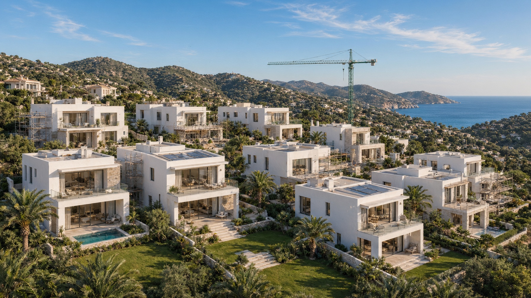 Costa Blanca new-build homes under construction with Mediterranean backdrop